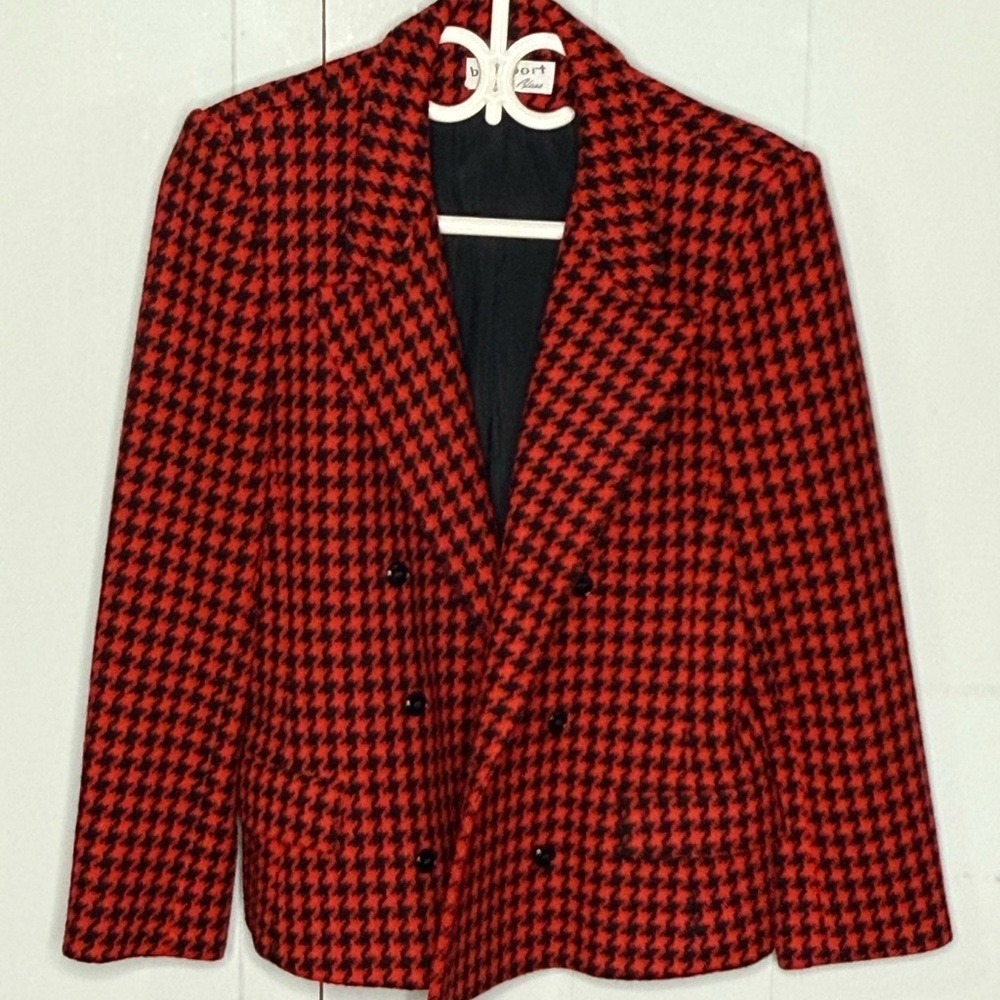 Blassport 80s Vintage Wool Red Houndstooth Women's Blazer Grannycore Academia